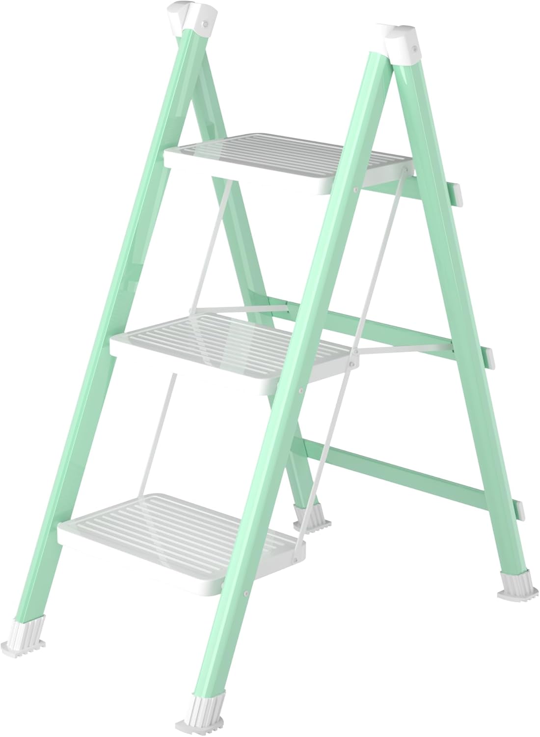 3 Step Ladder, Folding Step Stool with Anti-Slip Wide Pedal, Anti-Slip Feet, Sturdiest Steel Construction, 600lbs Capacity Steel Ladder for Home and Office, Green White