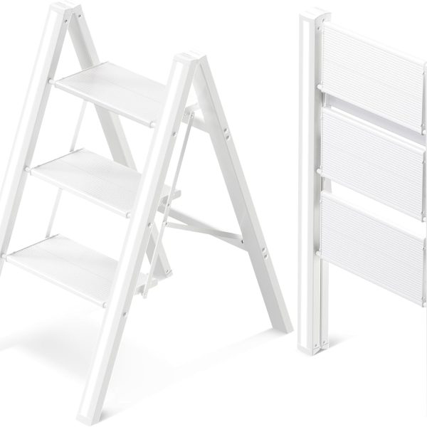 3 Step Ladder, Aluminum Folding Step Stool with Anti-Slip Sturdy and Wide Pedal, Lightweight Portable Stepladder for Home and Kitchen Use Space Saving, Cream White, 330 lbs