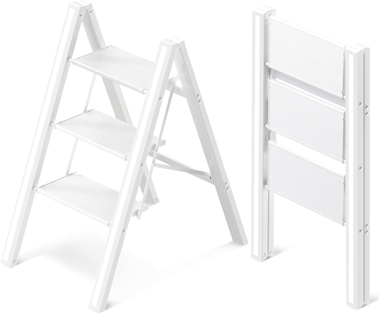 3 Step Ladder, Aluminum Folding Step Stool with Anti-Slip Sturdy and Wide Pedal, Lightweight Portable Stepladder for Home and Kitchen Use Space Saving, Cream White, 330 lbs