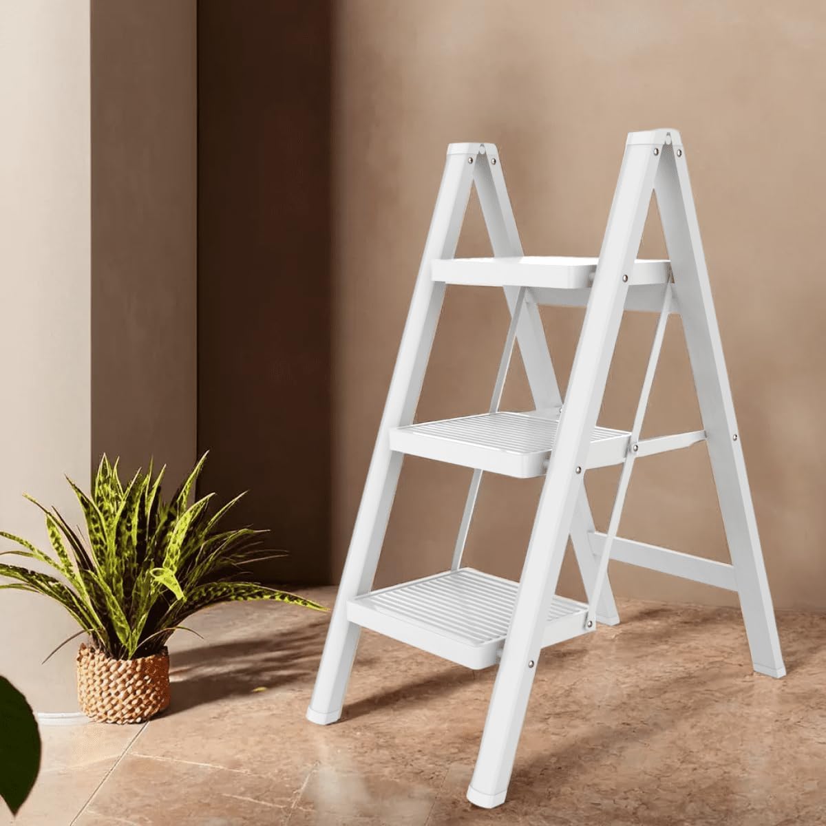 3 Step Ladder White | Folding Standing Ladder | Wide Anti-Slip Pedal 500 lbs Sturdy Ladder | Lightweight, Portable, Compact- 3-Step Ladder | Three Rung Ladders | Foldable Durable and Heavy Duty