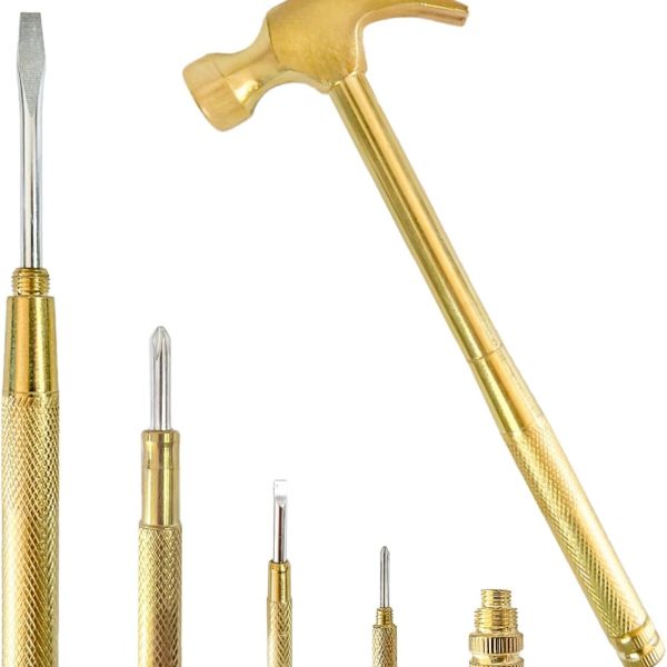 Small Hammer Metal Hammer & Screwdriver, 6 in 1Multitool Camping Hammer Set Screwdriver Tools (Gold)
