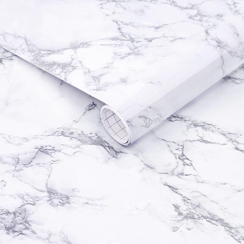 Marble Paper,43.5x254cm Self Adhesive Wallpaper Waterproof Gloss Vinyl, Oil Proof,White Granite Paper,Marble Vinyl Paper for Furniture Cover Surface,Countertop,Shelf Liner…
