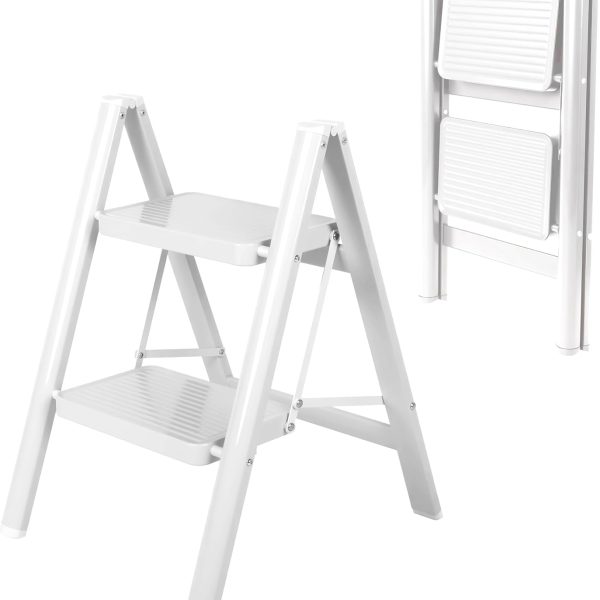 2 Step Ladder, Portable Folding Step Stool with Sturdy Carbon Steel Metal, 330LB Capacity, Non-Slip Wide Pedal, ladders for Home, Kitchen, Closet, Bookshelf, Adult (White)