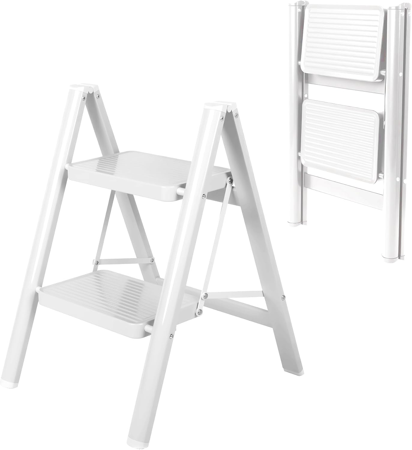 2 Step Ladder, Portable Folding Step Stool with Sturdy Carbon Steel Metal, 330LB Capacity, Non-Slip Wide Pedal, ladders for Home, Kitchen, Closet, Bookshelf, Adult (White)