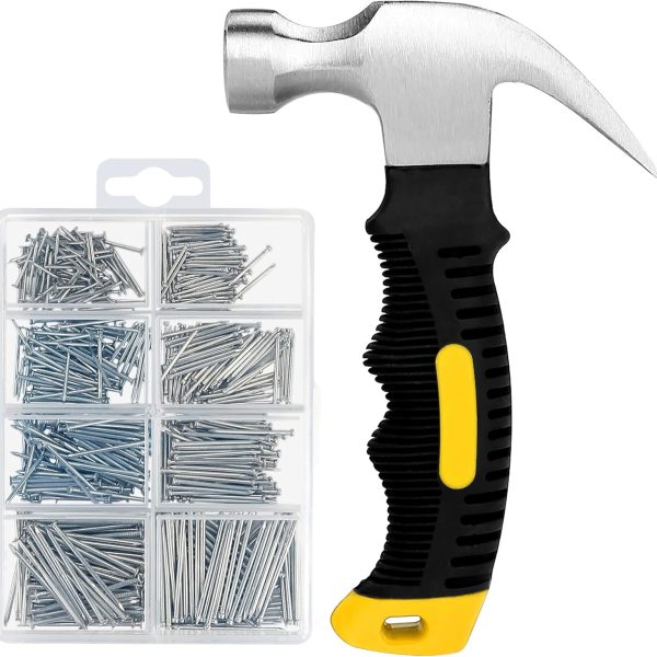 700PCs Small Nails for Hanging Pictures & 8oz Small Hammer, Mini Hammer for Hanging Wall Decor, 280 Roofing/Wall Nails & 280 Finishing Nail, Picture Hangers Assortment Kit