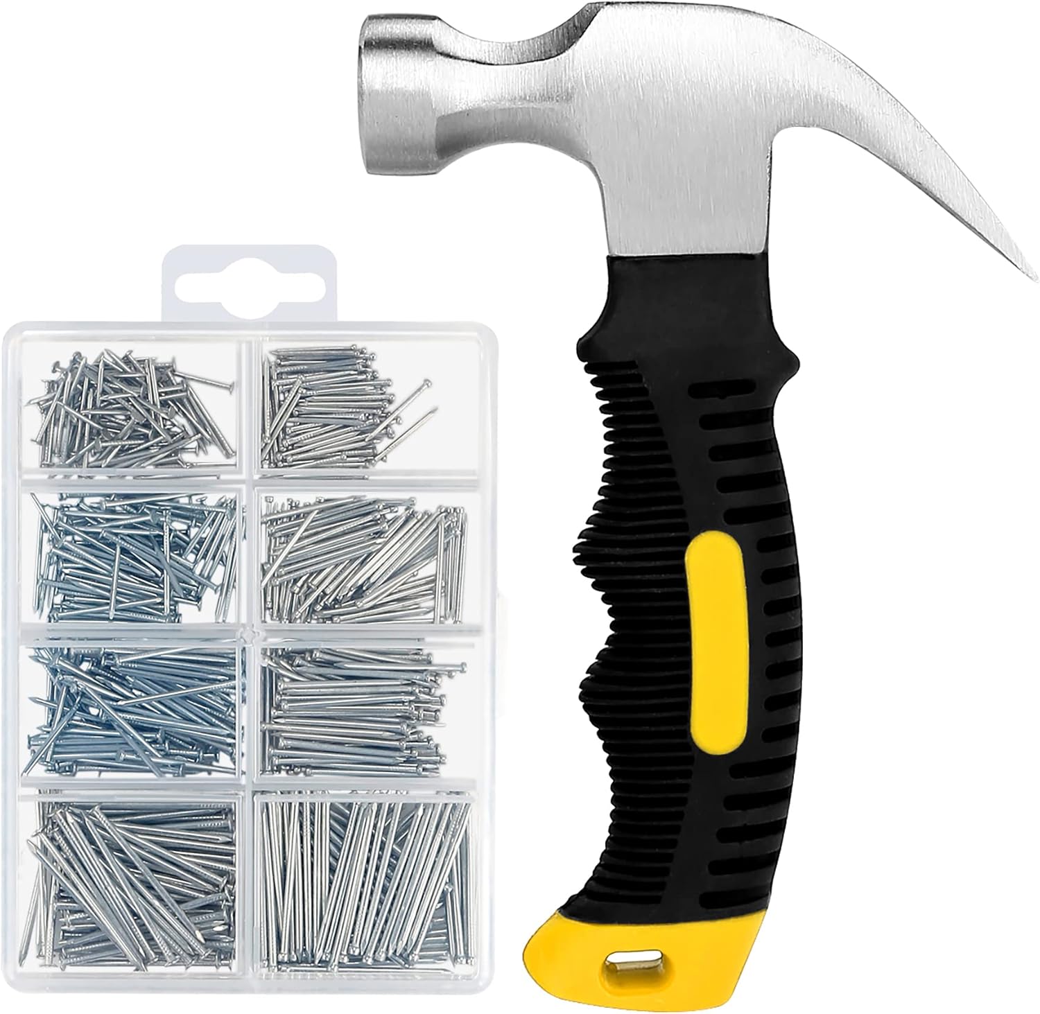 700PCs Small Nails for Hanging Pictures & 8oz Small Hammer, Mini Hammer for Hanging Wall Decor, 280 Roofing/Wall Nails & 280 Finishing Nail, Picture Hangers Assortment Kit