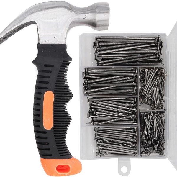 Picture Hanging Kit,  415 Pieces Hardware Nail Assortment Kit & 8oz Claw Hammer,Mini Hammer with Anti-Slip Handle,Common Nails, Wood Nails, Picture Hanging Nails, Wall Nails for Hanging